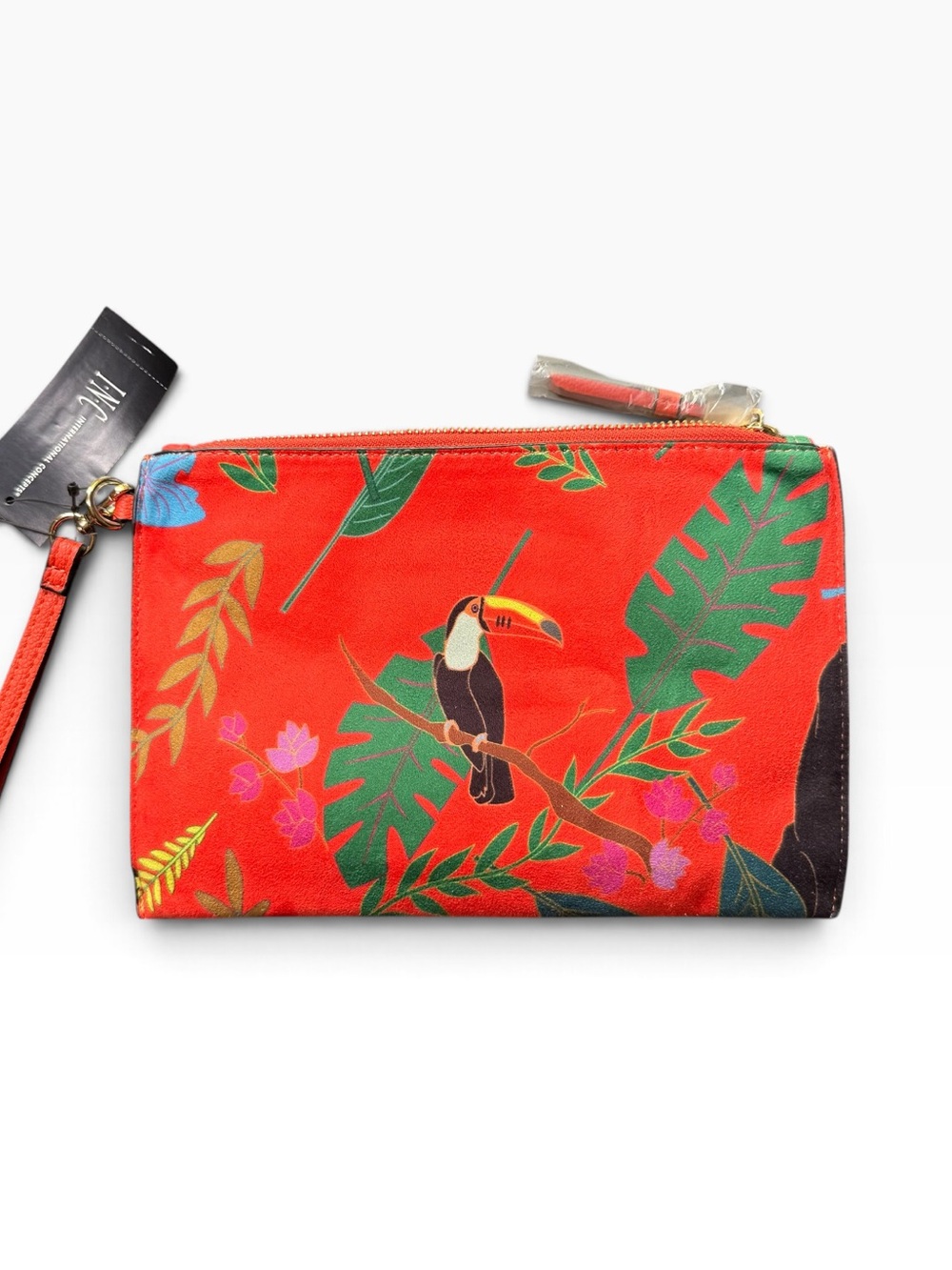 INC International Concepts Orange Toucan Print Wristlet Clutch